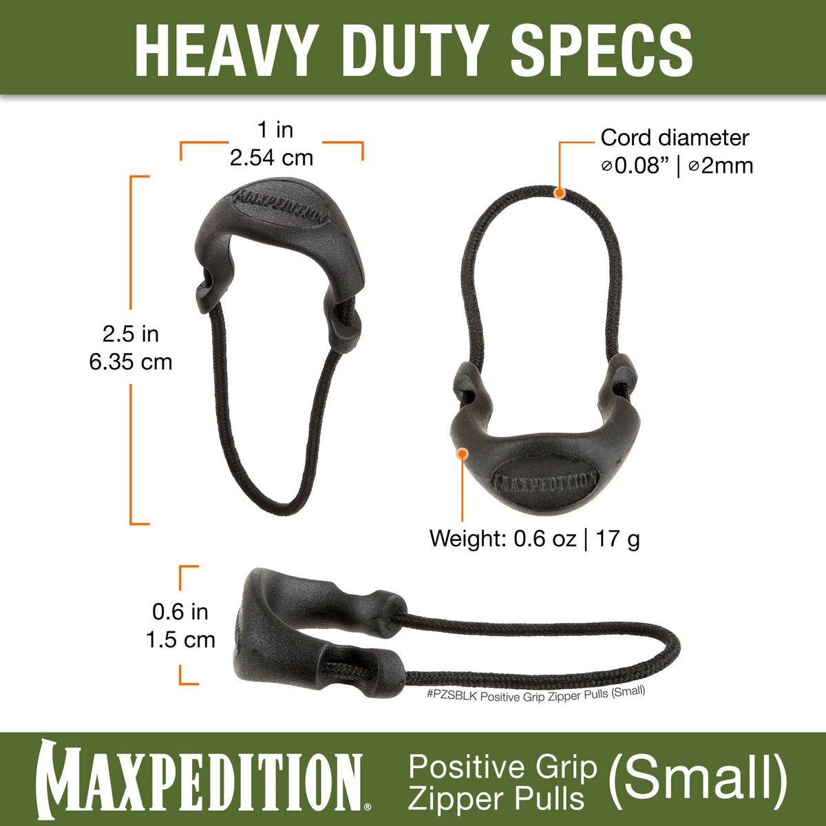 Maxpedition Small Grey PZL Positive Grip Zipper Pulls Pack of 6