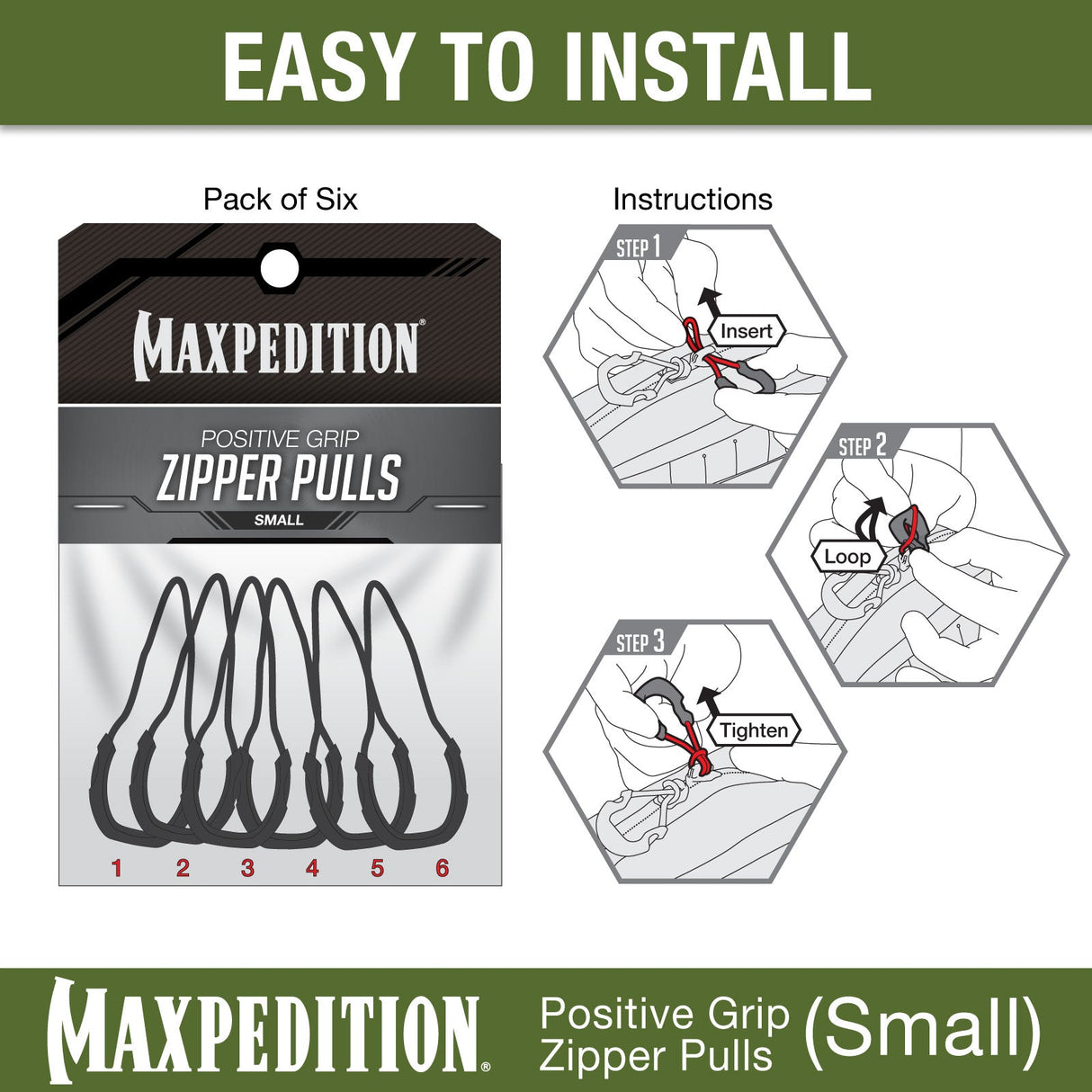 Maxpedition Small Grey PZL Positive Grip Zipper Pulls Pack of 6