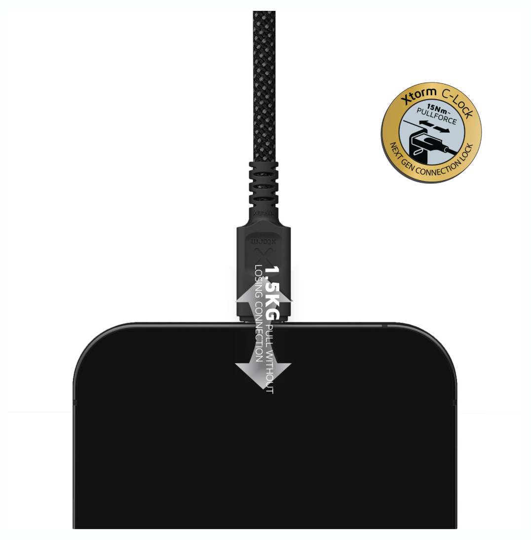 A black rectangular electronic device with a braided black cable plugged into it, shown on a white background with a gold Storm C-Lock certification badge and a silver arrow labeled 1.5KG dropping weight.