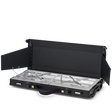 A black portable folding camp stove with two burners, shown open on a clean white background. The stove features a black metal body with silver stainless steel burner grates and control knobs.