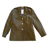 Khaki military-style jacket with gold buttons on a white background
