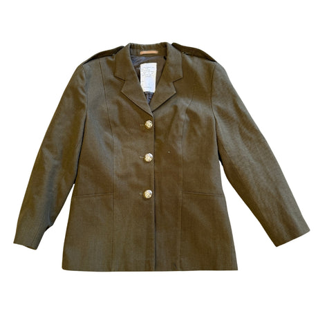 Khaki military-style jacket with gold buttons on a white background