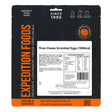 Expedition Foods packaging for Three Cheese Scrambled Eggs with branding and nutritional information.