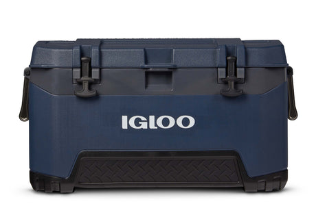 Blue cooler box with black accents and 'Igloo' branding on a white background