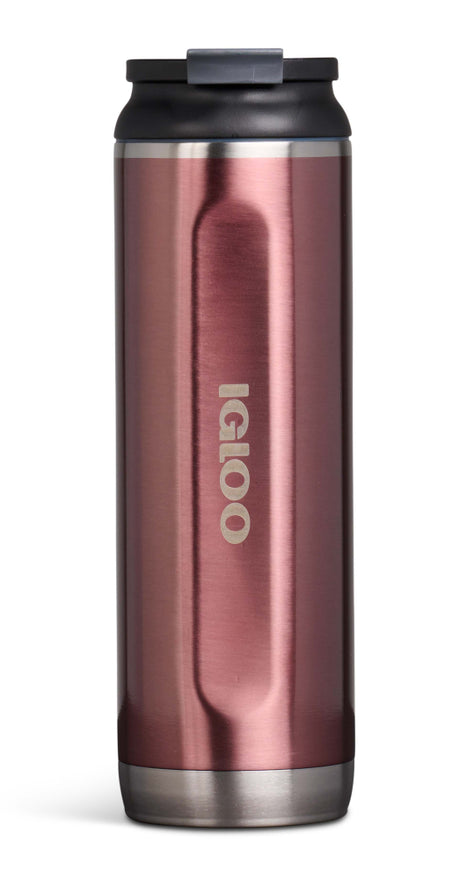 Rose gold travel mug with black lid on a white background, featuring the Igloo brand.
