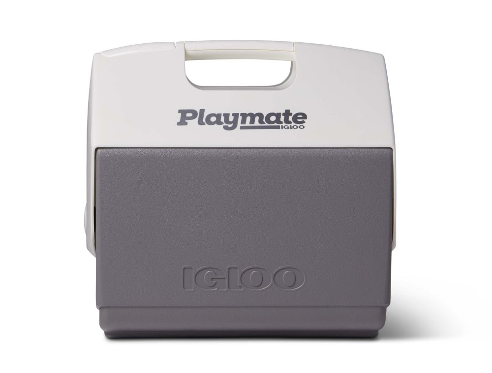 Gray and white cooler with 'Playmate' and 'Igloo' branding on a white background