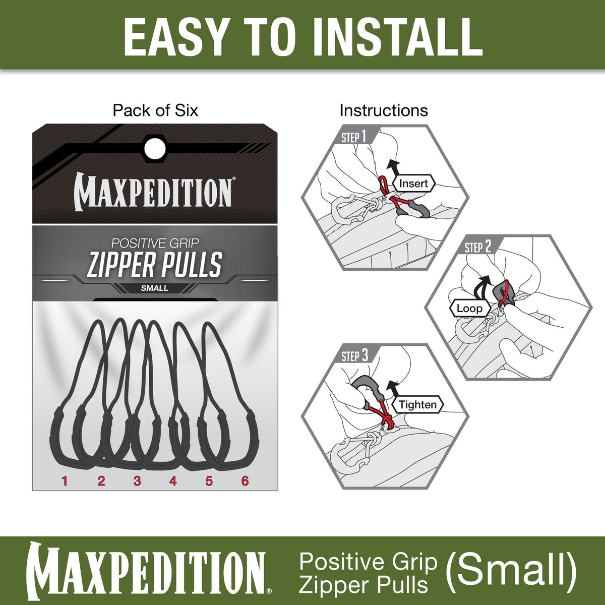 Maxpedition Small Black PZL Positive Grip Zipper Pulls Pack of 6