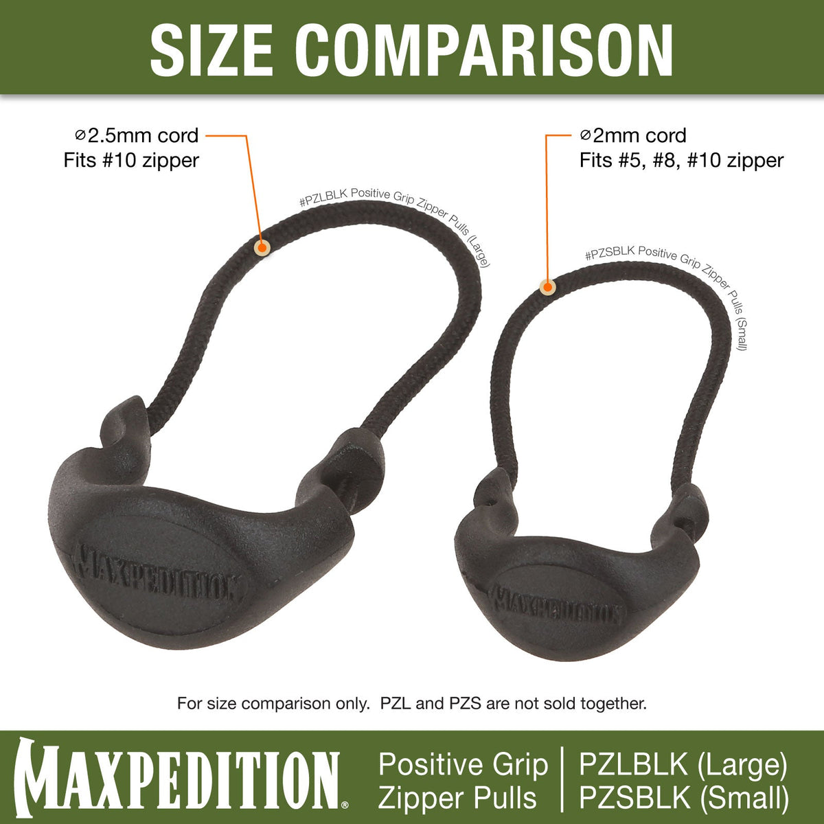 Maxpedition Small Black PZL Positive Grip Zipper Pulls Pack of 6