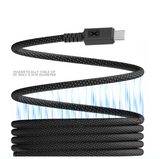 Black braided USB-C cable coiled on a white background with blue magnetic field lines and text stating 'MAGNETICALLY COILS UP TO 5,5CM DIAMETER'.