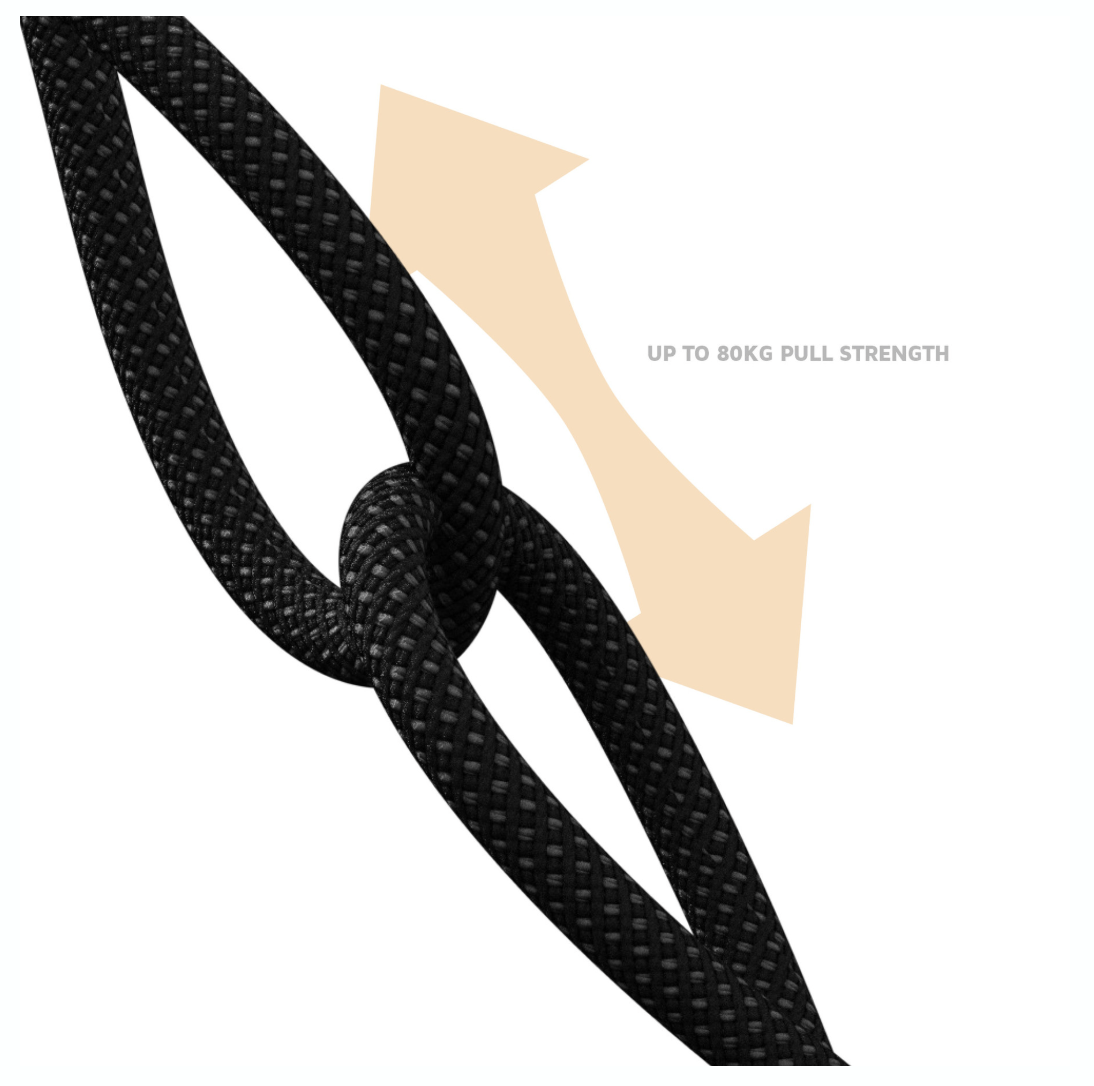 A black textured rope or cord shown in a crossed knot shape on a white background, with a pale peach arrow and the text 'UP TO 80KG PULL STRENGTH' indicating strength capacity.