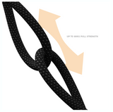 A black textured rope or cord shown in a crossed knot shape on a white background, with a pale peach arrow and the text 'UP TO 80KG PULL STRENGTH' indicating strength capacity.
