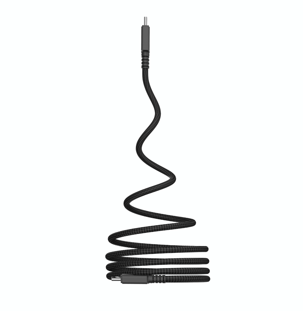 A black flexible coiled cable with two connector ends, shown on a plain white background.