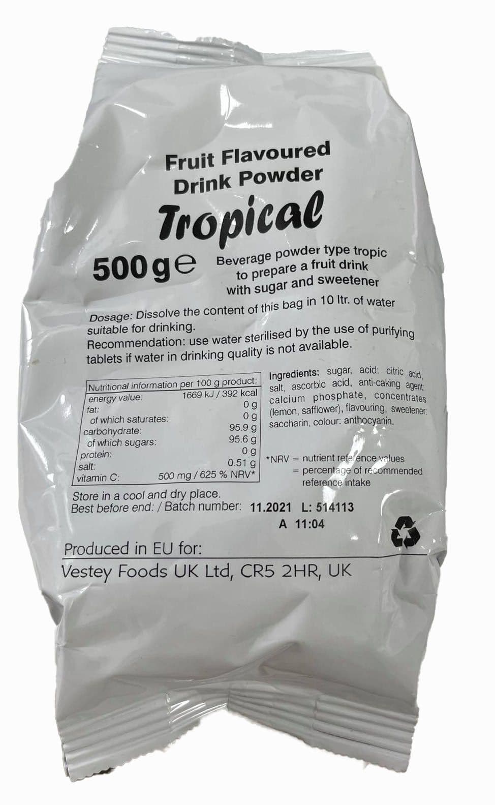 British Army Ration Pack 500g Fruit Flavoured Drink Powder - Tropical