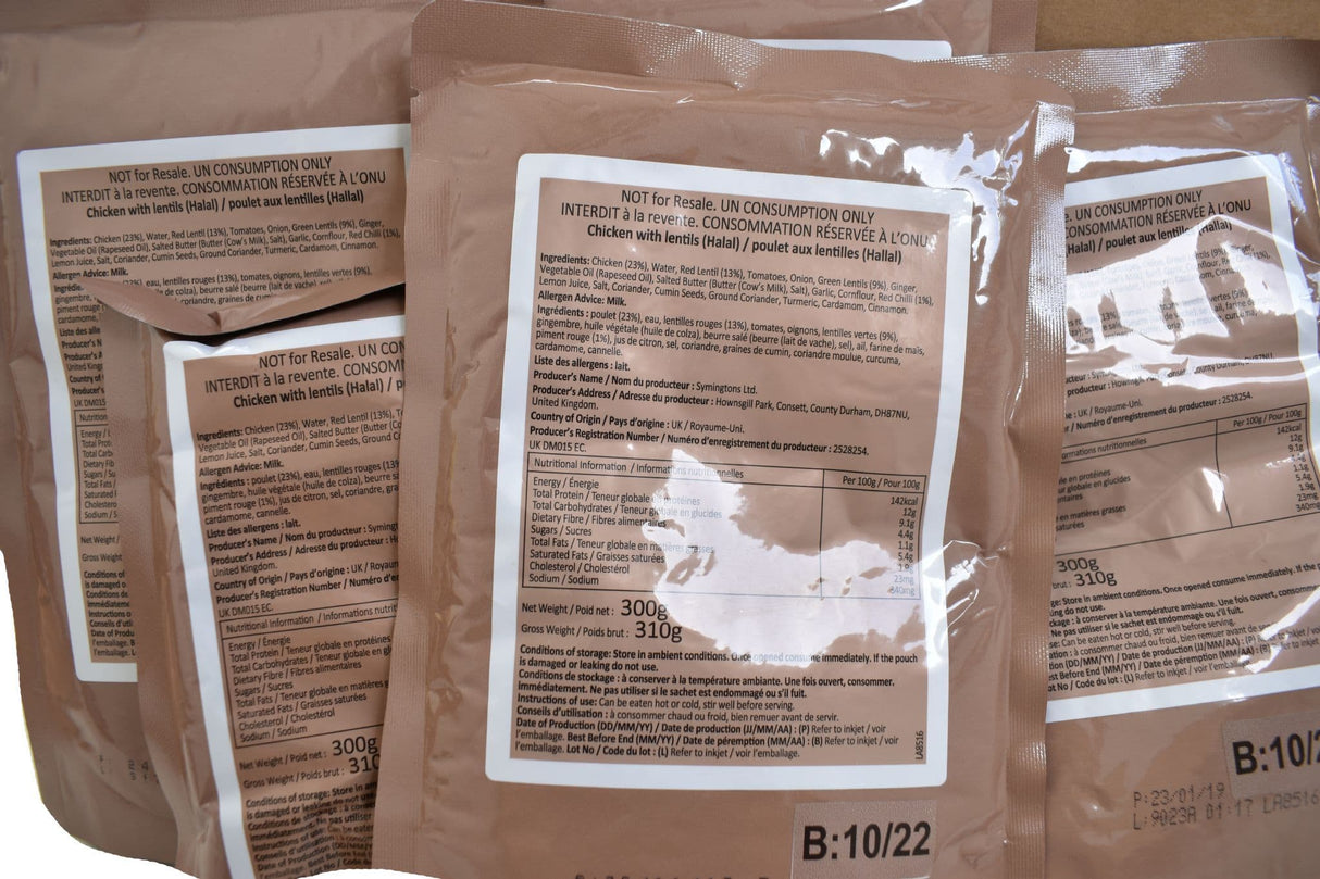 BULK BUY - British Army Ration Pack Meal Pouch - Chicken with Lentils x 24