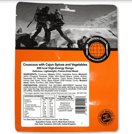 Expedition Foods Freeze Dried Meal Pouch - Vegan Couscous With Cajun Spices & Veg - Various Sizes